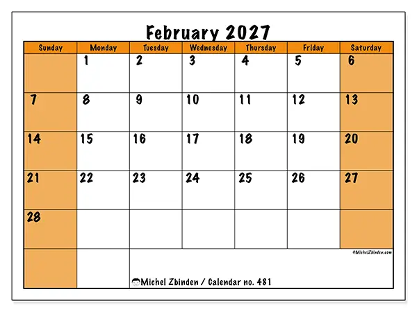 Printable February 2027 calendar - Dynamic planning - Week from Sunday to Saturday