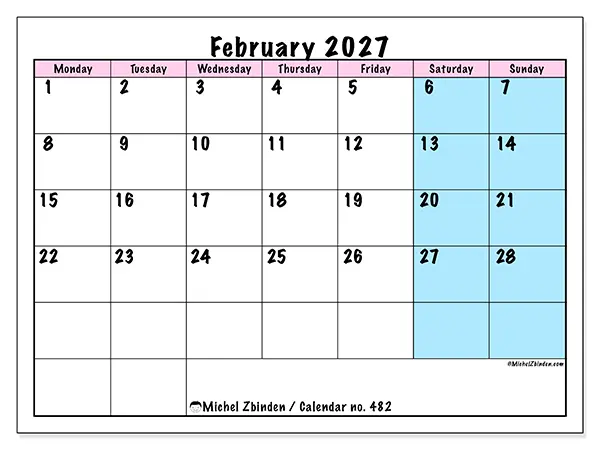Printable February 2027 calendar - Team schedule