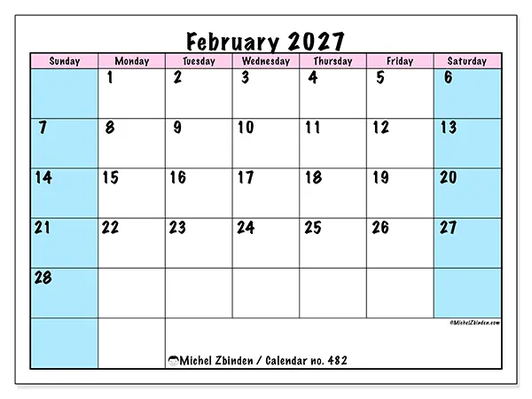 Printable February 2027 calendar - Team schedule - Week from Sunday to Saturday