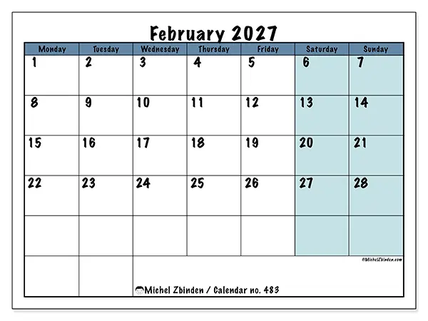Printable February 2027 calendar - Structured for school