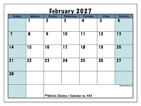 Printable February 2027 calendar - Structured for school - Week from Sunday to Saturday