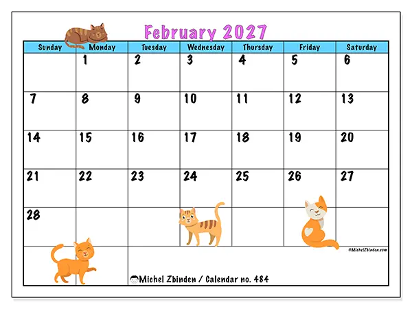 Printable February 2027 calendar - Love of cats - Week from Sunday to Saturday