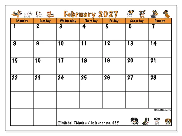 Printable February 2027 calendar - Enthusiastic dogs