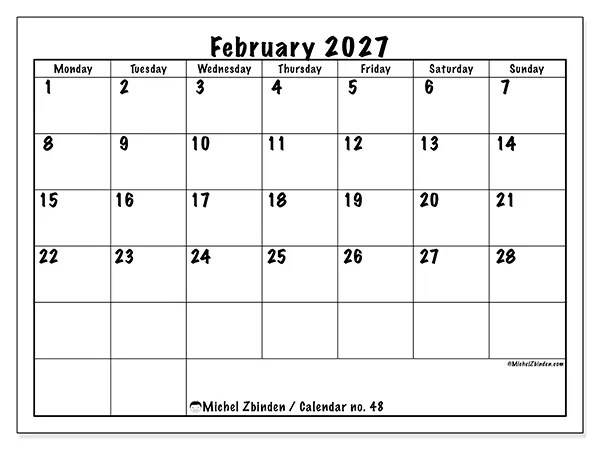 Printable February 2027 calendar - Daily efficiency