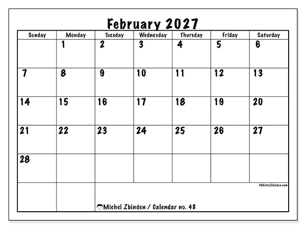 Printable February 2027 calendar - Daily efficiency - Week from Sunday to Saturday