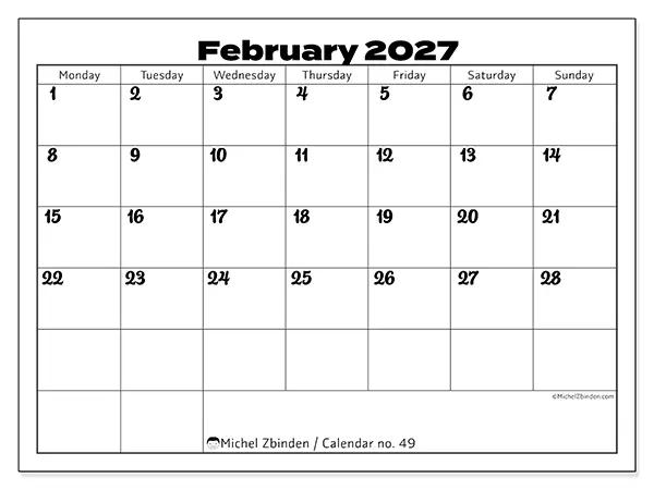 Printable February 2027 calendar - Productive coordination