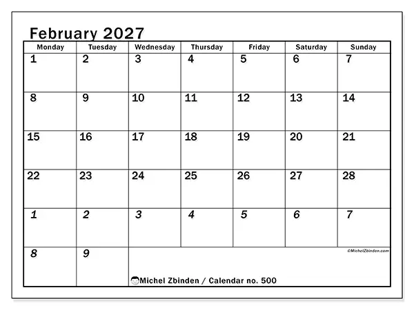 Printable February 2027 calendar - Intensive planning