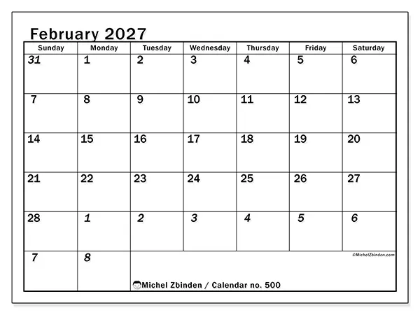 Printable February 2027 calendar - Intensive planning - Week from Sunday to Saturday