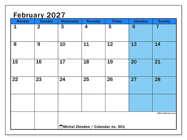 Printable February 2027 calendar - Dynamic studies