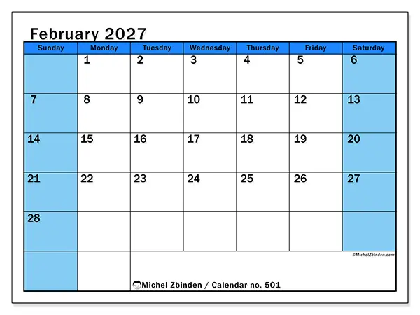 Printable February 2027 calendar - Dynamic studies - Week from Sunday to Saturday