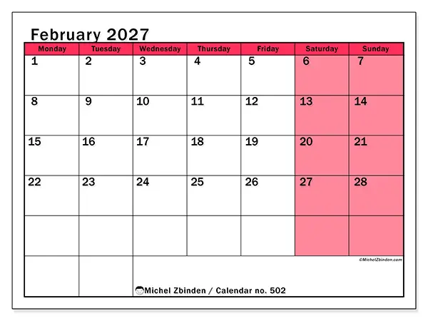 Printable February 2027 calendar - Bright management