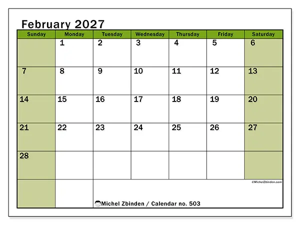 Printable February 2027 calendar - Lively organization - Week from Sunday to Saturday