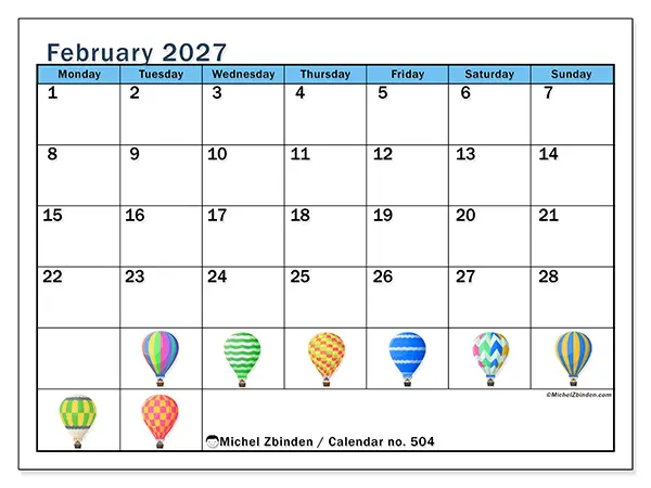 Printable February 2027 calendar - Hot air balloons