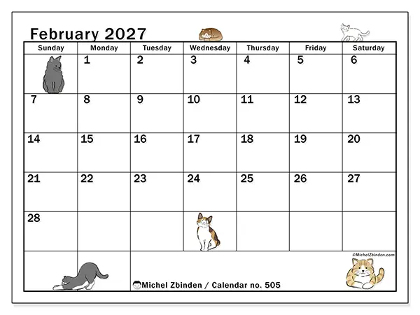 Printable February 2027 calendar - Cat life - Week from Sunday to Saturday