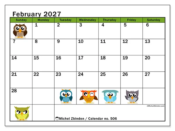 Printable February 2027 calendar - Funny owls - Week from Sunday to Saturday