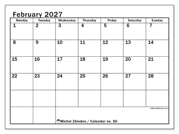 Printable February 2027 calendar - Optimal planning