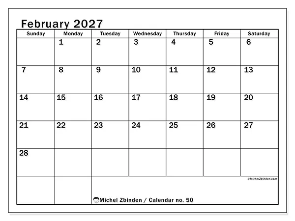 Printable February 2027 calendar - Optimal planning - Week from Sunday to Saturday