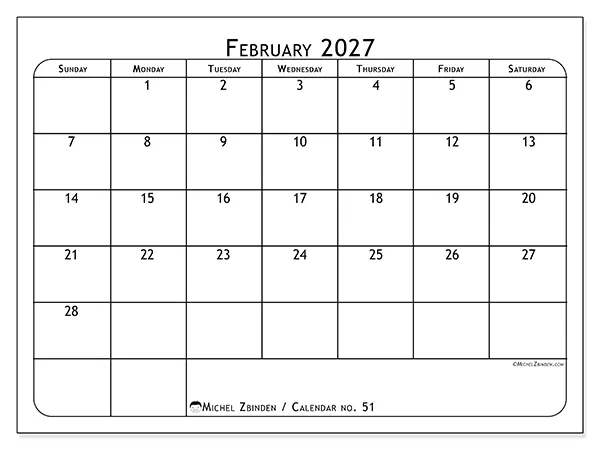 Printable February 2027 calendar - Meal planner - Week from Sunday to Saturday