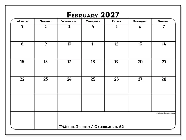 Printable February 2027 calendar - Professional organization
