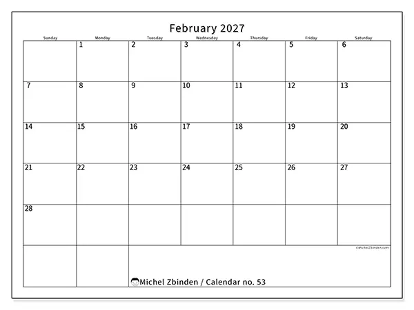 Printable February 2027 calendar - Efficient schedule - Week from Sunday to Saturday