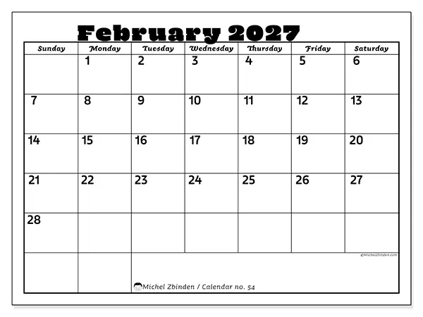 Printable February 2027 calendar - Family activities - Week from Sunday to Saturday