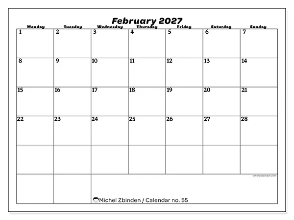 Printable February 2027 calendar - Leisure organization