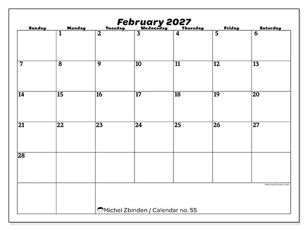 Printable February 2027 calendar - Leisure organization - Week from Sunday to Saturday
