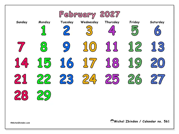 Printable February 2027 calendar - Creative moments - Week from Sunday to Saturday