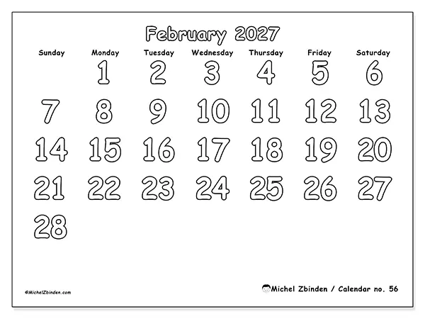 Printable February 2027 calendar - Useful coloring - Week from Sunday to Saturday