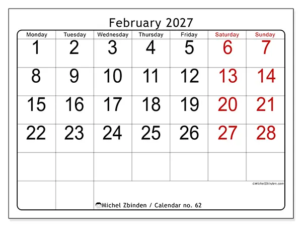 Printable February 2027 calendar - Speed reading