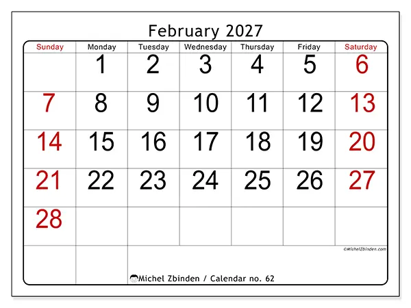 Printable February 2027 calendar - Speed reading - Week from Sunday to Saturday
