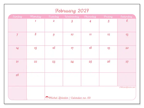 Printable February 2027 calendar - Gentle organization - Week from Sunday to Saturday