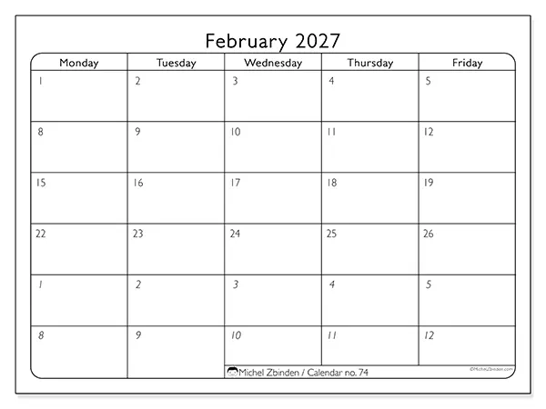 Printable February 2027 calendar - Work organization