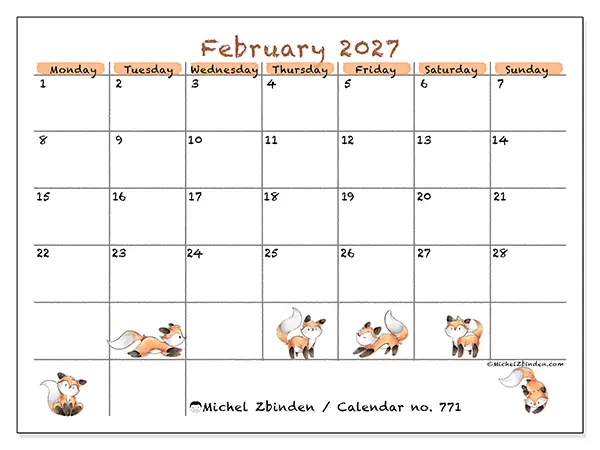 Printable February 2027 calendar - Fox drawings