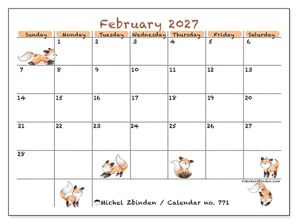 Printable February 2027 calendar - Fox drawings - Week from Sunday to Saturday