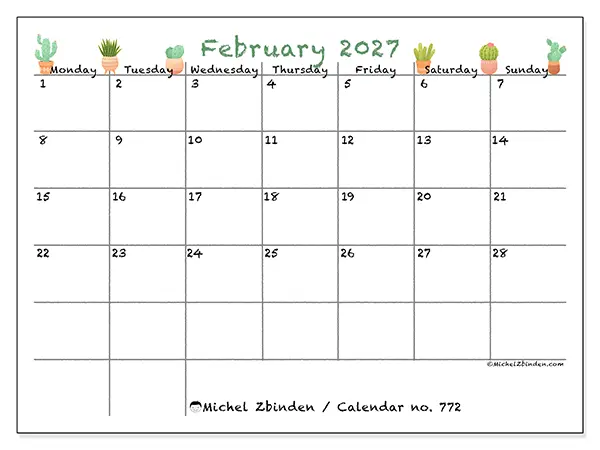 Printable February 2027 calendar - Decorative cactus