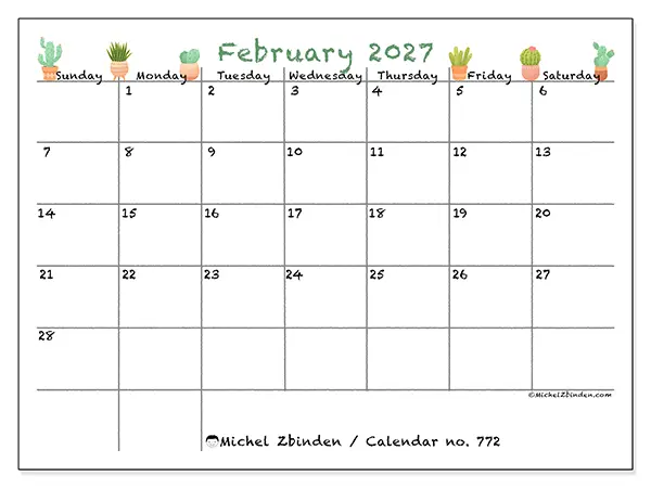 Printable February 2027 calendar - Decorative cactus - Week from Sunday to Saturday