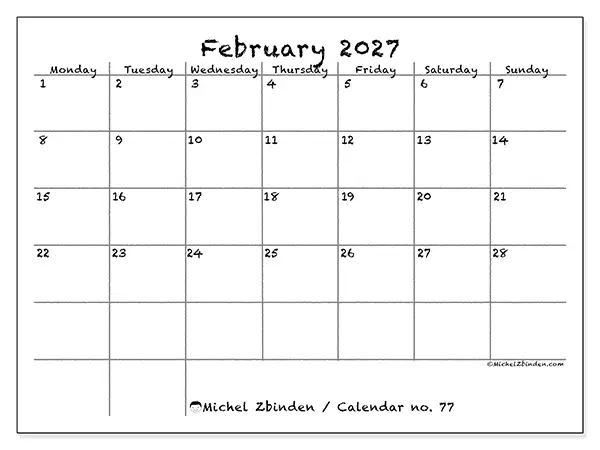 Printable February 2027 calendar - School and family