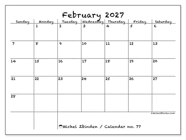 Printable February 2027 calendar - School and family - Week from Sunday to Saturday