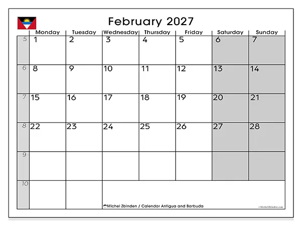 Printable February 2027 calendar - Antigua and Barbuda