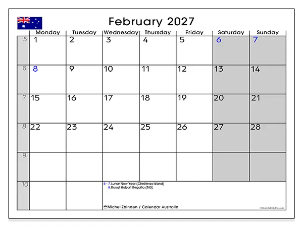 Printable February 2027 calendar - Australia