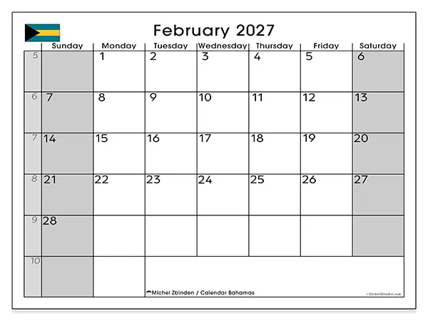 Printable February 2027 calendar - Bahamas