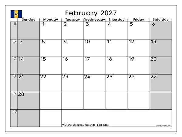 Printable February 2027 calendar - Barbados