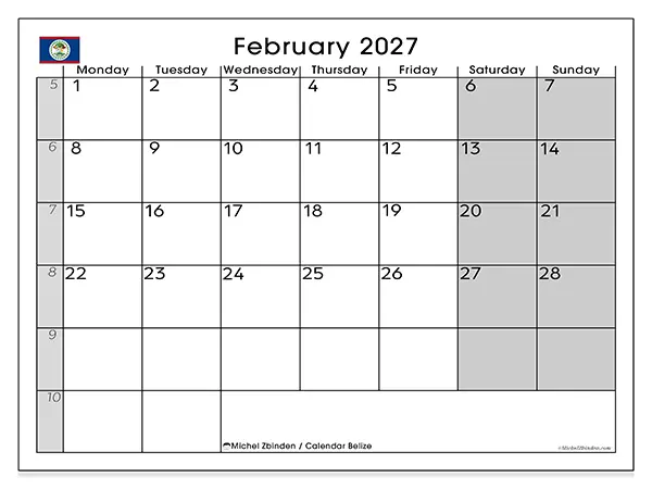 Printable February 2027 calendar - Belize