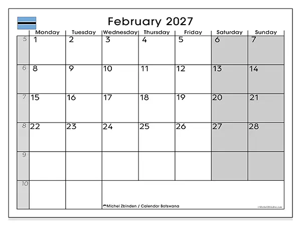 Printable February 2027 calendar - Botswana