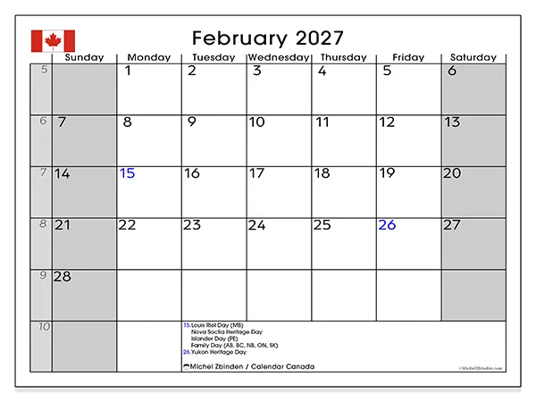Printable February 2027 calendar - Canada
