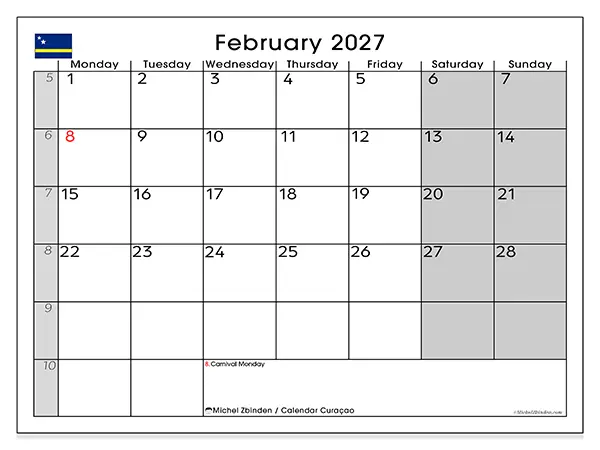 Printable February 2027 calendar - Curaçao