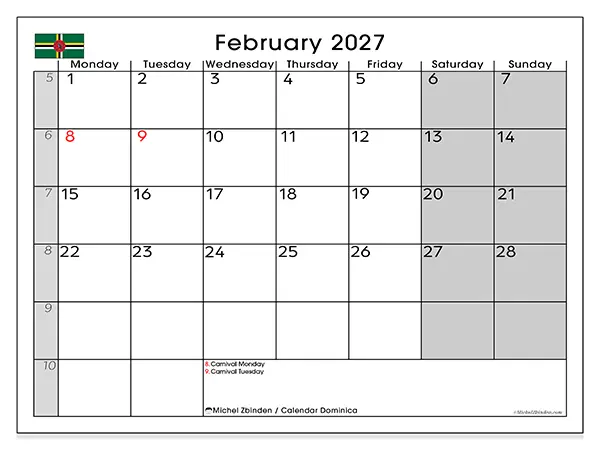 Printable February 2027 calendar - Dominica