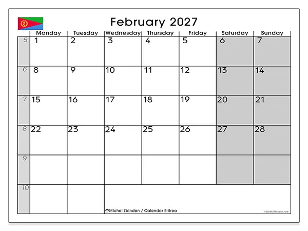 Printable February 2027 calendar - Eritrea