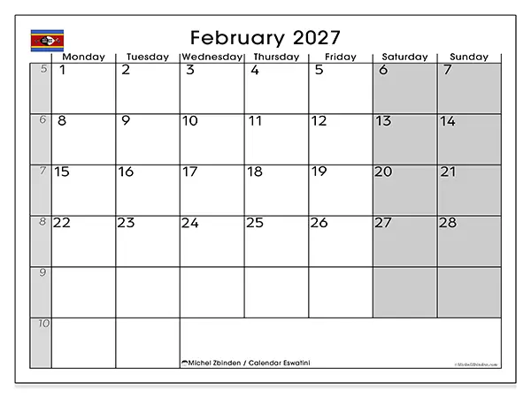 Printable February 2027 calendar - Eswatini